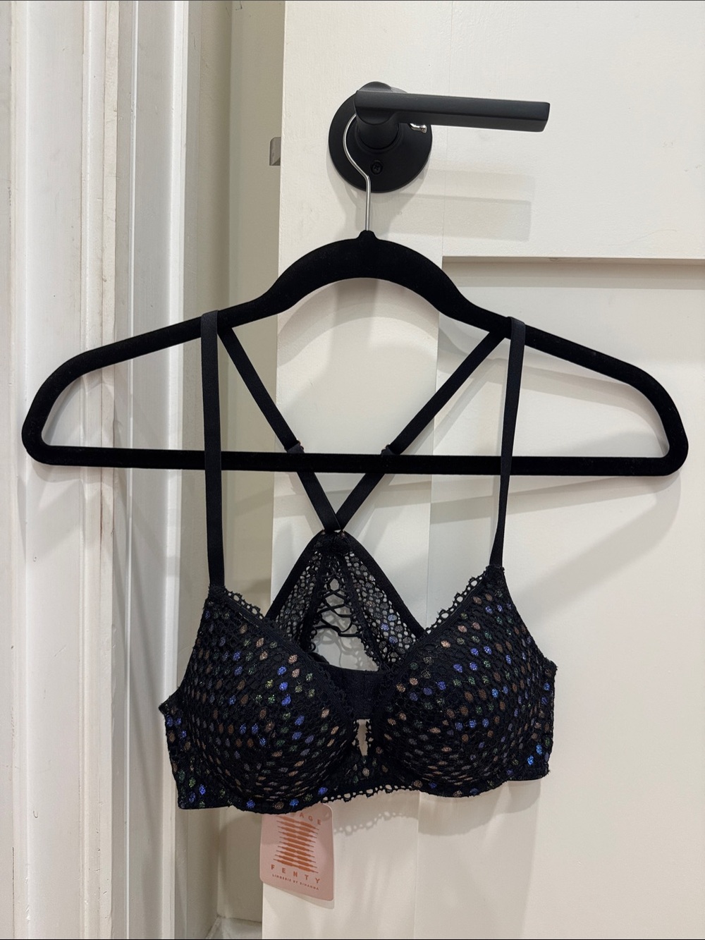 SAVAGE x FENTY: Black Lace Sequin Bralette with Strappy Back